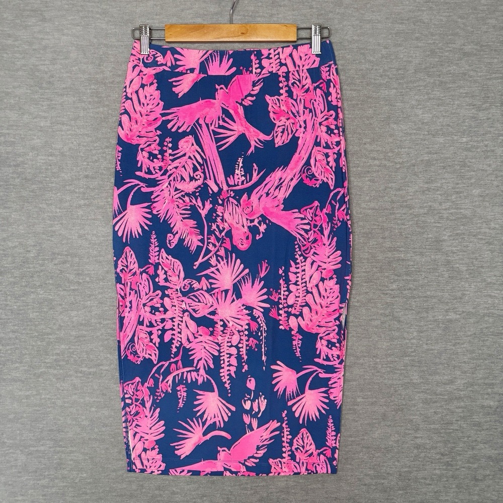 Lilly Pulitzer Skirt Womens Pull-on Kemi Midi Size XS Night Caw Pink Floral Blue
